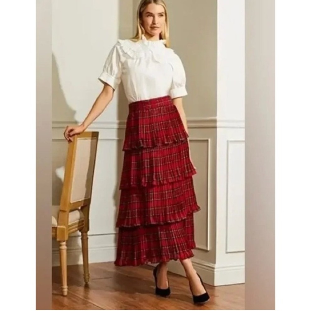 Antonio Melani Plaid Tiered Maxi Skirt Women Size 12 Tartan Holiday Festive